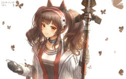 Rule 34 | 1girl, angelina (arknights), animal ears, arknights, artist name, black gloves, black shirt, blouse, blush, breasts, brown hair, bug, butterfly, chenjiyan y, chinese commentary, closed mouth, coat, collarbone, commentary request, dated, earphones, fox ears, fox girl, gloves, hairband, highres, holding, holding staff, infection monitor (arknights), insect, jacket, long hair, long sleeves, looking at viewer, multicolored clothes, multicolored jacket, open clothes, open coat, open jacket, orange eyes, red headwear, red jacket, shirt, sidelocks, simple background, smile, solo, staff, twintails, two-tone hairband, upper body, wavy hair, white background, white jacket