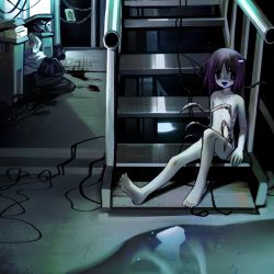 Rule 34 | 1girl, barefoot, black eyes, blue tongue, chain, commentary request, fang, highres, arthropod girl, navel, nude, original, puddle, purple hair, red pupils, russian commentary, skin fang, stairs, tile floor, tiles, trash, trash can, pile of trash, v1v404, wire