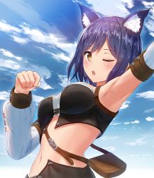 Rule 34 | 1girl, :o, animal ears, arm up, armpits, bag, blue hair, blue sky, blush, breasts, brown eyes, cat ears, cloud, commentary request, cosplay, crop top, day, detached sleeves, final fantasy, final fantasy xiv, hair between eyes, highres, long sleeves, looking at viewer, medium breasts, mikomiko (mikomikosu), miqo&#039;te, miqo&#039;te (cosplay), nijisanji, outdoors, outstretched arm, parted lips, puffy long sleeves, puffy sleeves, shizuka rin, short hair, shoulder bag, sky, solo, teeth, upper teeth only, virtual youtuber