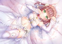 Rule 34 | 1girl, alternate costume, animal ear fluff, animal ears, arm up, armpits, azur lane, bare shoulders, bed sheet, belly chain, belt collar, blush, bow, bra, breasts, brown hair, closed mouth, collar, collarbone, commentary request, detached sleeves, dog ears, doyouwantto, flower, flying sweatdrops, from above, garter straps, green eyes, hair flower, hair ornament, hair ribbon, hand up, heart, heart collar, jewelry, knee up, long sleeves, looking at viewer, lying, medium breasts, medium hair, midriff, navel, on back, paw pose, petals, pink flower, red collar, ribbon, see-through, shiratsuyu (azur lane), sidelocks, skirt, sleeves past wrists, solo, stomach, thighhighs, two side up, underwear, veil, white bow, white bra, white ribbon, white skirt, white thighhighs