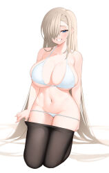 Rule 34 | 1girl, asuna (blue archive), bikini, black pantyhose, blue archive, blue eyes, blush, breasts, clothes pull, collarbone, grin, hair over one eye, highres, kono (xerondan321), large breasts, light brown hair, long hair, looking at viewer, mole, mole on breast, navel, pantyhose, pantyhose pull, simple background, smile, solo, swimsuit, white background, white bikini