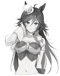 Rule 34 | 1girl, ahoge, animal ears, arm up, asymmetrical sleeves, closed mouth, cropped torso, greyscale, hat, highres, horse ears, horse girl, jacket, long hair, long sleeves, looking at viewer, midriff, mini hat, mini top hat, monochrome, mr. c.b. (umamusume), navel, open clothes, open jacket, qing (sankakuosushi), simple background, smile, solo, tilted headwear, top hat, umamusume, upper body, very long hair, vest, white background