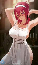 Rule 34 | 1girl, apron, armpits, arms behind head, arms up, artist name, atric18, black-framed eyewear, blurry, blurry background, blush, breasts, closed mouth, commentary, depth of field, english commentary, glasses, hair between eyes, hairband, highres, indoors, large breasts, lillia greyrat, long hair, looking at viewer, maid, mushoku tensei, naked apron, purple eyes, red hair, semi-rimless eyewear, sideboob, solo, standing, thighhighs, twitter logo, twitter username, under-rim eyewear, watermark, web address, white apron, white hairband, white thighhighs