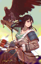 Rule 34 | 1girl, arrow (projectile), bird, bow (weapon), brown eyes, brown gloves, brown hair, closed mouth, falcon, gloves, gongxiao zao, green sky, highres, horse, horseback archery, long hair, mongolian clothes, original, outdoors, single glove, solo, warrior, weapon