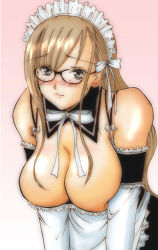 Rule 34 | 00s, 1girl, arm garter, blush, breasts, cleavage, detached collar, elbow gloves, glasses, gloves, gradient background, huge breasts, maid, maid headdress, maria-sama ga miteru, p.i.l., pink background, simple background, solo, toudou shimako, white background