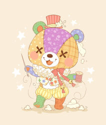 Rule 34 | 1boy, :d, animal crossing, artist name, bear boy, bell, blush, blush stickers, bow, bowtie, brown background, commentary, english commentary, frills, furry, furry male, hat, holding, holding needle, jingle bell, male focus, mini hat, mini top hat, neck ruff, needle, nintendo, open mouth, red bow, red bowtie, red hat, samantha whitten, sewing needle, shorts, signature, simple background, smile, solo, spool, standing, star (symbol), stitches, stitches (animal crossing), string, striped clothes, striped shorts, stuffing, top hat, vertical-striped clothes, vertical-striped shorts, x x, yellow shorts