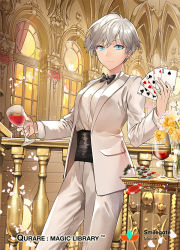 Rule 34 | 1girl, baudelaire (qurare), black bow, black bowtie, blue eyes, bow, bowtie, card, copyright name, cup, drinking glass, flower, formal, ice (ice aptx), indoors, looking at viewer, pant suit, pants, petals, playing card, poker chip, qurare magic library, sash, short hair, silver hair, smile, solo, standing, suit, vase, white suit, window, wine glass