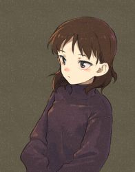 Rule 34 | 1girl, black sweater, brown eyes, brown hair, commentary request, green background, highres, long sleeves, medium hair, original, shiratama (hockey), solo, sweater, turtleneck, upper body