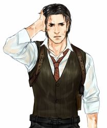 Rule 34 | 1boy, anderain, black hair, facial hair, hand in own hair, highres, holster, male focus, necktie, sebastian castellanos, see-through, shoulder holster, solo, stubble, the evil within, vest, waistcoat, wet, wet clothes, wet hair