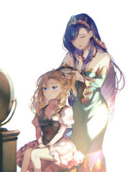 Rule 34 | 2girls, armor, blonde hair, blue eyes, blue hair, blush, breastplate, breasts, brushing hair, child, chrono cross, cleavage, closed eyes, detached sleeves, dress, frilled dress, frills, green dress, hair between eyes, hair over one eye, hairband, hand in another&#039;s hair, hands on lap, highres, jewelry, long dress, long hair, long sleeves, marcy (chrono cross), medium breasts, medium hair, mirror, multiple girls, necklace, open mouth, pink dress, puffy sleeves, riddel (chrono cross), sitting, straight hair, strapless, strapless dress, sunakumo, talking, upper body, wavy hair, white background