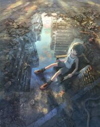 Rule 34 | 1girl, aircraft, airplane, bob cut, building, cable, chair, city, debris, green eyes, highres, jewelry, necklace, original, outdoors, puddle, reflection, road, rubble, ruins, shorts, sitting, sky, skyscraper, solo, tank top, tokunaga akimasa, toy airplane, urban, water, wire