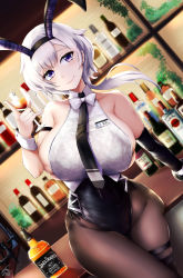 Rule 34 | 1girl, animal ears, arm strap, arm support, armpit crease, azur lane, bar (place), bare shoulders, black gloves, black hairband, black neckwear, black pantyhose, blush, bow, bowtie, bra strap, brand name imitation, breasts, closed mouth, collarbone, collared shirt, commentary request, covered navel, cowboy shot, crop top, cup, drinking glass, dutch angle, earrings, elbow gloves, fake animal ears, floating hair, gloves, groin, hair between eyes, hairband, highres, holding, holding cup, ibara azuki, id card, indoors, jewelry, large breasts, leotard, leotard under clothes, long hair, looking at viewer, low ponytail, necktie, official alternate costume, pantyhose, parted hair, partial commentary, playboy bunny, purple eyes, rabbit ears, reno (azur lane), reno (reno bunnino) (azur lane), see-through, see-through shirt, shadow, shirt, short hair, side-tie leotard, sideboob, sidelocks, signature, single elbow glove, skindentation, sleeveless, sleeveless shirt, smile, solo, standing, stud earrings, thigh strap, white bow, white bowtie, white hair, white shirt, wine glass, wrist cuffs