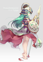 Rule 34 | 1girl, armor, athena (p&amp;d), bare legs, barefoot, breastplate, character name, closed eyes, colored eyelashes, dress, from behind, green hair, grey background, helmet, highres, long hair, polearm, puzzle &amp; dragons, shield, simple background, solo, spear, tennohi, tiptoes, vambraces, weapon