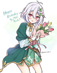 Rule 34 | 1girl, :d, antenna hair, blush, bouquet, breasts, bridal gauntlets, dress, flower, hair between eyes, hair flower, hair ornament, happy birthday, highres, holding, holding bouquet, kokkoro (princess connect!), long sleeves, looking at viewer, open mouth, pointy ears, princess connect!, puffy long sleeves, puffy sleeves, red eyes, red flower, sasachin (k+w), silver hair, sleeveless, sleeveless dress, small breasts, smile, solo, tulip, twitter username, white dress, white flower, yellow flower