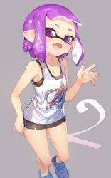 Rule 34 | 1girl, armpits, bad id, bad twitter id, bare legs, bare shoulders, bike shorts, blunt bangs, blush, breasts, collarbone, fang, full body, grey background, hand on own hip, highres, inkling, inkling girl, inkling player character, legs, looking at viewer, nintendo, open mouth, pointy ears, purple eyes, purple hair, shoes, short eyebrows, simple background, small breasts, smile, sneakers, solo, splatoon (series), splatoon 2, sprbouuz, standing, tank top, tentacle hair, waving