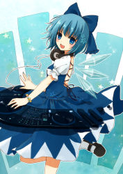 Rule 34 | 1girl, :d, blue eyes, blue hair, bow, bracelet, cirno, dj, hair bow, hair ribbon, headphones, headphones around neck, highres, ice, ice wings, jewelry, looking at viewer, looking to the side, mary janes, matching hair/eyes, open mouth, phonograph, ribbon, shoes, short hair, smile, solo, standing, standing on one leg, touhou, turntable, wings, yon (letter)