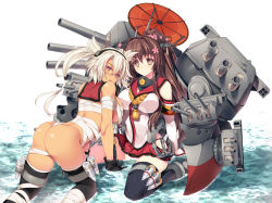 Rule 34 | 10s, 2girls, all fours, ass, backboob, bandages, between buttocks, breasts, brown eyes, brown hair, butt crack, cannon, cleavage, dark-skinned female, dark skin, glasses, gun, hair ornament, kantai collection, kneeling, long hair, looking back, multiple girls, musashi (kancolle), oil-paper umbrella, pointy hair, ponytail, red eyes, sarashi, simple background, tamiya akito, thighhighs, umbrella, water, weapon, yamato (kancolle)