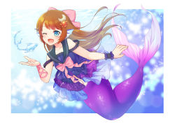 Rule 34 | 1girl, black sailor collar, blue eyes, blush, border, bow, collarbone, commentary request, commission, crescent, crescent hair ornament, dress, fins, hair bow, hair ornament, head fins, indie virtual youtuber, long hair, looking at viewer, mermaid, monster girl, one eye closed, open mouth, orange hair, pink bow, purple dress, rio (usagiya), sailor collar, siren ebina, skeb commission, sleeveless, smile, solo, sun hair ornament, underwater, virtual youtuber, white border, wrist cuffs
