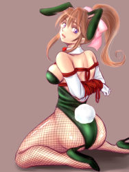 Rule 34 | 1girl, animal ears, arms behind back, ass, bdsm, bondage, bound, box tie, brown hair, detached collar, elbow gloves, fake animal ears, fishnet pantyhose, fishnets, gloves, hair ribbon, high heels, highres, leotard, looking at viewer, looking back, mare018, original, pantyhose, parted lips, playboy bunny, ponytail, purple eyes, rabbit, rabbit ears, rabbit tail, ribbon, rope, simple background, sitting, solo, tail, wariza