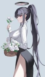 Rule 34 | 1girl, absurdres, black hair, black skirt, blue archive, breasts, closed mouth, cowboy shot, fingernails, flower, from side, grey background, hair ornament, hairpin, halo, highres, holding, holding flower, large breasts, long hair, long sleeves, ponytail, profile, red eyes, ribbed sweater, rio (blue archive), ryo e, side slit, simple background, skirt, solo, sweater, turtleneck, turtleneck sweater, very long hair, white flower, white sweater