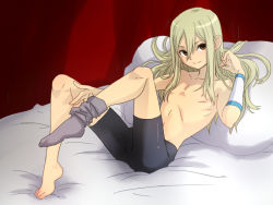 Rule 34 | 1boy, @@@, afuro terumi, androgynous, armband, bad id, bad pixiv id, barefoot, bed, bike shorts, blonde hair, feet, inazuma eleven, inazuma eleven (series), long hair, lying, male focus, red eyes, sock pull, socks, solo, toes, topless male, trap, undressing, zeus (inazuma eleven)