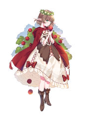 Rule 34 | 1girl, absurdres, apple, apple tree, bob cut, boots, bow, brown footwear, brown hair, cape, cross-laced clothes, dress, food, frilled dress, frilled sleeves, frills, fruit, full body, green eyes, head wreath, highres, holding, holding food, holding fruit, imminent bite, lolita fashion, original, pointy ears, red bow, red cape, ribbon-trimmed dress, sample watermark, short hair, solo, standing, tassel, tree, watermark, white background, yuzhi