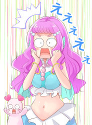 Rule 34 | 1girl, ^^^, aqua shirt, bangle, blouse, blue eyes, blush, bracelet, clenched hands, commentary, constricted pupils, creature, fins, frilled shirt, frills, hair over shoulder, hands on own face, hands up, head fins, jewelry, kururun (precure), laura (precure), long hair, mermaid, midriff, mitumi mira, monster girl, multicolored shirt, navel, necklace, open mouth, pearl hair ornament, pearl necklace, pink hair, precure, rectangular mouth, seal (animal), shiny skin, shirt, sleeveless, sleeveless shirt, speed lines, square mouth, stomach, surprised, translated, tropical-rouge! precure, upper body, wavy hair, wide-eyed, wide hips