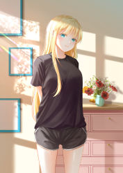 Rule 34 | 1girl, absurdres, aqua eyes, arms behind back, black shirt, black shorts, blonde hair, blush, breasts, commentary request, cowboy shot, flower, flower pot, gonzz (gon2rix), highres, indoors, korean commentary, large breasts, long hair, looking at viewer, original, plant, potted plant, red flower, shelf, shirt, short sleeves, shorts, sidelocks, smile, solo, standing, t-shirt, white flower, yellow flower