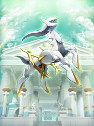 arceus artist_request cloud colored_sclera column commentary creatures_(company) english_commentary full_body game_freak gen_4_pokemon green_sclera highres in-universe_location kleavor legendary_pokemon mythical_pokemon nintendo no_humans official_art pillar pokemon pokemon_(creature) pokemon_home pokemon_legends:_arceus red_eyes sky solo spear_pillar statue third-party_source wyrdeer