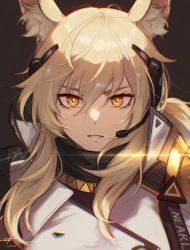 Rule 34 | 1girl, absurdres, animal ear fluff, animal ears, arknights, armor, blonde hair, character name, coat, commentary, english commentary, headset, highres, horse ears, horse girl, implied extra ears, lens flare, long hair, looking at viewer, name tag, nearl (arknights), nearl the radiant knight (arknights), orange eyes, shoulder pads, signature, solo, velephyr, white coat