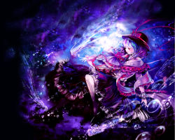 Rule 34 | 1girl, blue hair, blue theme, bubble, cis (carcharias), dress, female focus, frills, gradient background, hat, nagae iku, red eyes, ribbon, scarf, short hair, solo, touhou, underwater