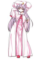 Rule 34 | 1girl, adjusting hair, capelet, clenched hand, crescent, crescent hair ornament, double bun, dress, full body, hair bun, hair ornament, hat, hiro (h-net), large hat, long dress, long hair, looking at viewer, mob cap, nightgown, patchouli knowledge, purple hair, red eyes, shoes, solo, standing, striped clothes, striped dress, touhou, very long hair