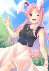 Rule 34 | 1girl, ;d, alternate costume, animal ears, bag, bare arms, bare shoulders, black shirt, blue sky, blush, breasts, casual, cloud, collarbone, commentary request, contemporary, cowboy shot, day, hand up, handbag, hisae (hisae collect), large breasts, long hair, looking at viewer, one eye closed, open mouth, outdoors, pink skirt, purple hair, rabbit ears, red eyes, reisen udongein inaba, shirt, skirt, skirt hold, sky, sleeveless, sleeveless shirt, smile, solo, touhou