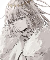 Rule 34 | 1boy, blue eyes, cape, commentary request, crown, diamond hairband, fate/grand order, fate (series), fur collar, fur trim, grey hair, light blush, looking away, male focus, medium hair, no wings, nozz177, oberon (fate), official alternate costume, simple background, solo, twitter username, upper body, white background, white cape, white fur, white hair
