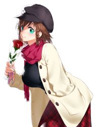 Rule 34 | 1girl, braid, breasts, brown hair, charlotte corday (fate), coat, fate/grand order, fate (series), flower, green eyes, hand in pocket, hat, large breasts, onsoku inu, plaid, plaid skirt, ribbed sweater, rose, scarf, skirt, smile, solo, sweater, white background