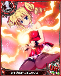 Rule 34 | 10s, 1girl, bare shoulders, bishop (chess), black thighhighs, blonde hair, blue eyes, bow, breasts, card (medium), character name, chess piece, covered erect nipples, dress, drill hair, eyebrows, frilled thighhighs, frills, hair ornament, high school dxd, kneeling, magic, medium breasts, neck garter, official art, ravel phenex, red dress, shiny skin, smile, solo, strapless, strapless dress, thighhighs, trading card, twin drills, twintails, white bow, wristband