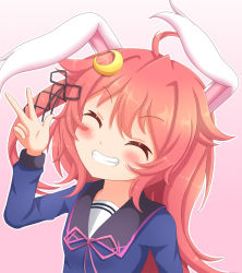 Rule 34 | 1girl, ^ ^, arm up, bad id, bad pixiv id, black sailor collar, blue shirt, closed eyes, commentary request, facing viewer, grin, hair between eyes, head tilt, highres, kantai collection, long hair, long sleeves, neck ribbon, outline, pink ribbon, red hair, ribbon, sailor collar, school uniform, serafuku, shirt, sills, smile, solo, uzuki (kancolle), very long hair, w, white outline