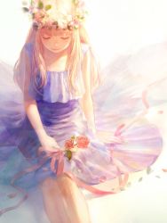 Rule 34 | 1girl, blonde hair, commentary, dress, english commentary, closed eyes, facing viewer, feet out of frame, flower, head wreath, highres, leaf, long hair, original, petals, purple dress, red flower, red rose, romiy, rose, sitting, smile, solo