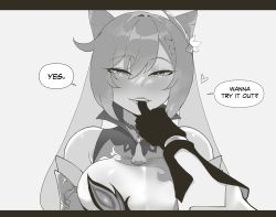 Rule 34 | 1boy, 1girl, aether (genshin impact), biting, cone hair bun, english text, finger biting, finger in another&#039;s mouth, genshin impact, gloves, greyscale, hair bun, heart, highres, keqing (genshin impact), long hair, looking at viewer, monochrome, nyantcha, pov, simple background, solo focus, speech bubble, twintails