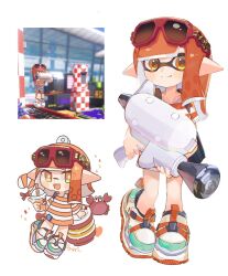 Rule 34 | 1girl, :d, chibi, chibi inset, closed mouth, collarbone, commentary, crab, drink, drinking straw, eyewear on head, full body, game screenshot inset, gun, highres, holding, holding drink, holding gun, holding weapon, inkling, inkling girl, inkling player character, long hair, multiple views, nintendo, open mouth, orange eyes, orange hair, orange shirt, order shot (splatoon), pointy ears, red-framed eyewear, rukaill k, shirt, shoes, simple background, smile, splatoon (series), splatoon 3, standing, striped clothes, striped shirt, sunglasses, tentacle hair, two-tone shirt, weapon, white background, white shirt