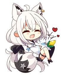 Rule 34 | &gt; &lt;, 1girl, 7:08, absurdres, ahoge, animal ear fluff, animal ears, black footwear, black ribbon, black shorts, black thighhighs, blush, braid, chibi, closed mouth, commentary request, detached sleeves, earrings, extra ears, facing another, fang, fox ears, fox girl, fox tail, hair between eyes, hair ribbon, highres, holding person, hololive, hood, hoodie, jewelry, long hair, open mouth, pentagram, ribbon, shirakami fubuki, shirakami fubuki (1st costume), short shorts, shorts, sidelocks, simple background, single braid, single thighhigh, skin fang, sukonbu (shirakami fubuki), tail, thigh strap, thighhighs, virtual youtuber, white background, white hair, white hoodie