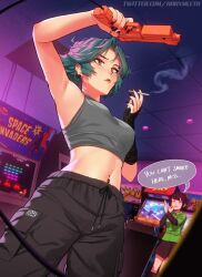 Rule 34 | 2girls, arcade, armpits, black nails, black pants, breasts, ceiling, cigarette, commentary, crop top, drawstring, ear piercing, english commentary, english text, eyebrow piercing, frown, green hair, highres, holding, holding cigarette, indoors, jewelry, light gun, medium breasts, midriff, mleth, multiple girls, nail polish, navel piercing, orange eyes, orange lips, original, pac-man (game), pants, piercing, qr code, ring, short hair, smoke, solo focus, space invaders, speech bubble, thea (mleth), tile ceiling, tiles, twitter username