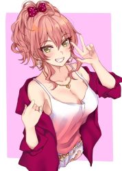 Rule 34 | 1girl, :d, border, breasts, cleavage, cropped legs, earrings, hair between eyes, hamu (plot sy), heart, heart earrings, idolmaster, idolmaster cinderella girls, jacket, jacket partially removed, jewelry, jougasaki mika, medium breasts, open mouth, outside border, own hands clasped, own hands together, pink hair, smile, solo, v, white border, yellow eyes
