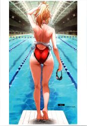 Rule 34 | 1girl, absurdres, arm up, ass, bare shoulders, barefoot, blonde hair, blurry, blurry background, braid, fate/apocrypha, fate/grand order, fate (series), from behind, full body, goggles, unworn goggles, highleg, highleg swimsuit, highres, holding, indoors, long hair, mordred (fate), mordred (fate/apocrypha), ponytail, pool, scan, simple background, solo, standing, swimsuit, thighs, tonee, water, water drop, wet