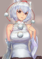 Rule 34 | 1girl, absurdres, animal ears, bad id, bad pixiv id, bare shoulders, bob cut, breasts, detached sleeves, face, female focus, grey background, hat, highres, inubashiri momiji, jinyuan712, lips, medium breasts, parted lips, pink eyes, pom pom (clothes), red eyes, short hair, simple background, sleeveless, sleeveless turtleneck, solo, tokin hat, touhou, turtleneck, white hair, wolf ears
