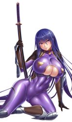 Rule 34 | 1girl, akiyama rinko, aoi nagisa (metalder), armor, blue hair, bodysuit, breasts, cameltoe, cleavage cutout, cleft of venus, clothing cutout, covered collarbone, curvy, female focus, full body, gloves, greaves, hair between eyes, head tilt, highres, holding, holding sword, holding weapon, huge breasts, invisible chair, leaning to the side, lilith-soft, long hair, looking at viewer, no bra, partially visible vulva, purple eyes, sheath, sheathed, shiny clothes, shiny skin, simple background, sitting, skin tight, smile, solo, spread legs, sword, taimanin (series), taimanin asagi kessen arena, taimanin yukikaze, thighs, very long hair, weapon, white background