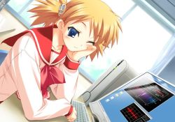 Rule 34 | 00s, 1girl, ;), arm support, backlighting, blonde hair, blue eyes, blush, bow, brown hair, cardigan, chair, classroom, closed mouth, computer, computer tower, curtains, day, desk, dutch angle, food-themed hair ornament, from side, game cg, hair ornament, happy, head rest, indoors, kawata hisashi, keyboard (computer), laptop, long sleeves, monitor, office chair, one eye closed, parted bangs, pocket, pumpkin hair ornament, sasamori karin, school, school desk, school uniform, serafuku, short hair, short twintails, sitting, smile, solo, sunlight, swivel chair, table, to heart (series), to heart 2, twintails, upper body, window