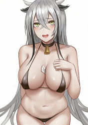 Rule 34 | 1girl, animal ears, bad id, bad pixiv id, bell, between breasts, bikini, black bikini, blush, breasts, choker, cleavage, covered erect nipples, cow ears, cow horns, cowbell, destroyer, destroyer (girls&#039; frontline), gaia (girls&#039; frontline), girls&#039; frontline, grey hair, hair between eyes, highres, horns, long hair, looking at viewer, micro bikini, military, military vehicle, navel, neck bell, open mouth, selcky, ship, simple background, solo, sweatdrop, swimsuit, very long hair, warship, watercraft, white background, yellow eyes