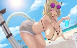 Rule 34 | 1girl, absurdres, all fours, animal ears, aqua nails, arknights, beach, bikini, bikini top only, blonde hair, braid, breasts, cleavage, cloud, cloudy sky, commentary request, cup, drinking straw, eyewear on head, hanging breasts, highres, huge breasts, looking at viewer, nail polish, noe (ppppriver), official alternate costume, open mouth, palm tree, platinum blonde hair, purple eyes, saliva, shorts, sideboob, sky, solo, sunglasses, swimsuit, sword, tail, tree, utage (arknights), utage (summer flowers) (arknights), weapon, wet