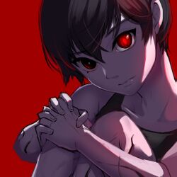 Rule 34 | 1boy, bare arms, bare legs, bare shoulders, black hair, black sweater vest, closed mouth, expressionless, glowing, glowing eye, omori, red background, red eyes, red streaks, shirt, short hair, sitting, sleeveless, sleeveless shirt, solo, sunny (omori), sweater vest, user cfak5832